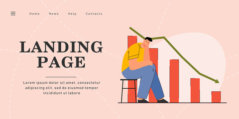 Sad man worrying about financial crisis. Flat vector illustration. Disappointed businessman sitting in background of falling, degrading graph. Bankruptcy, financial crisis, loss concept for design