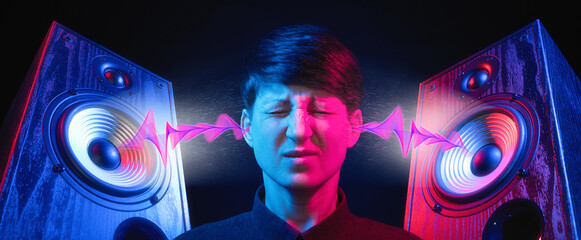 Speakers with sound wave in neon light and woman portrait. Discomfort from listening to loud music. Hearing damage concept. - obrazy, fototapety, plakaty