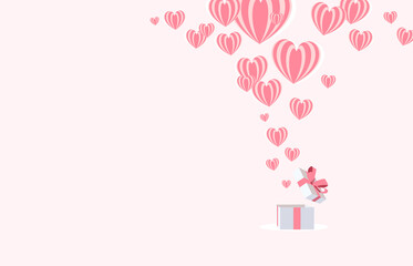 Balloon hearts out of the gift box with copy space on pink background. Vector Illustration, for Valentine's Day.