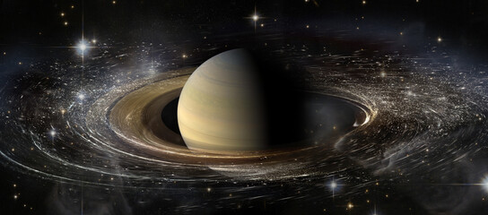 Saturn planet with rings in outer space among star dust and srars. Elements of this image furnished by NASA.