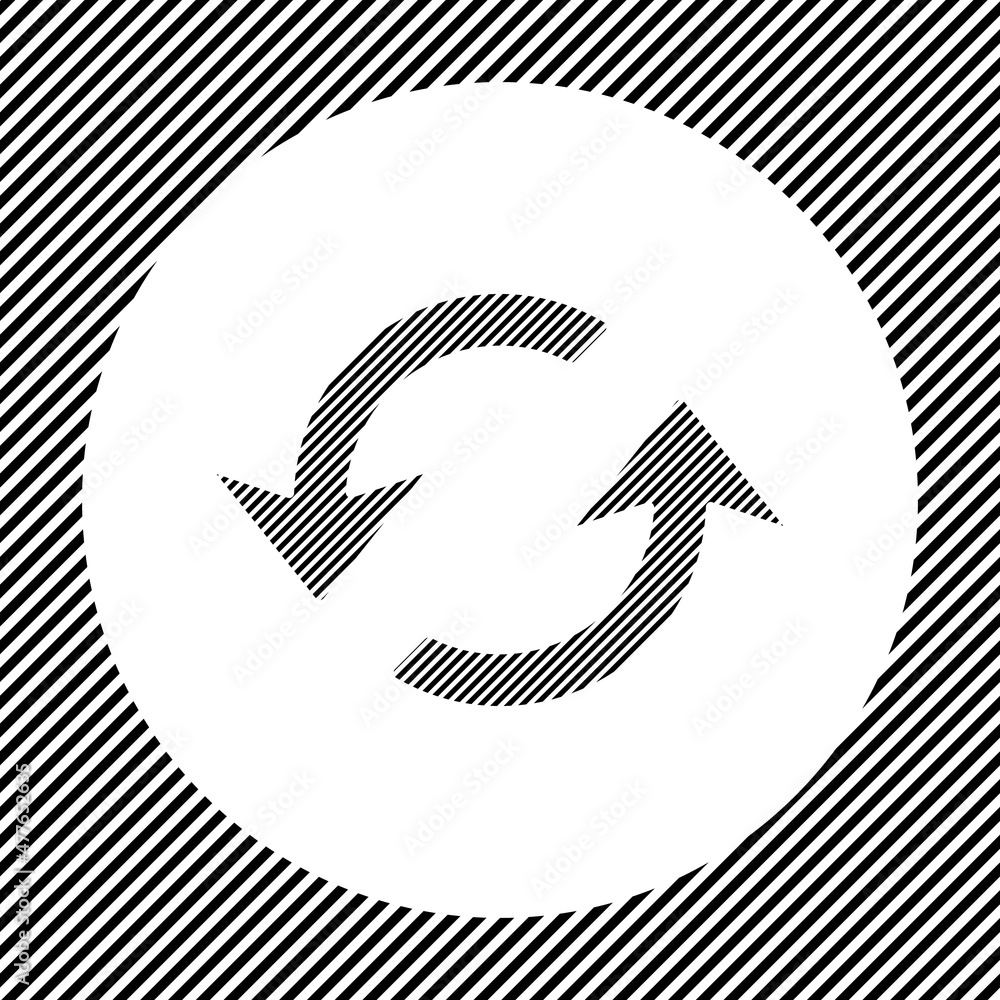 Poster a large refresh symbol in the center as a hatch of black lines on a white circle. interlaced effect.