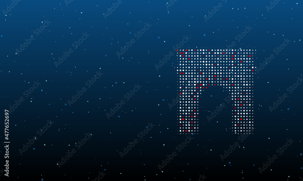 Poster on the right is the arch symbol filled with white dots. background pattern from dots and circles of 