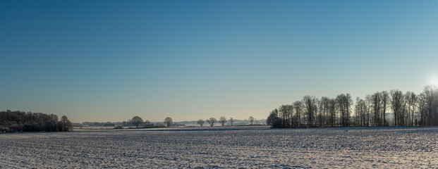 Panorama view of winter landscape and nature in Skåne, Sweden. Snow on agricultural field and trees in the horizon with the sun setting just behind the trees. Tranquil and idyllic countryside scene. 