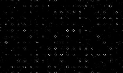 Seamless background pattern of evenly spaced white refresh symbols of different sizes and opacity. Vector illustration on black background with stars