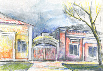 street with old buildings with arch sketch _1 - 477652676