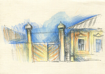 street with old wooden buildings with arch sketch _1