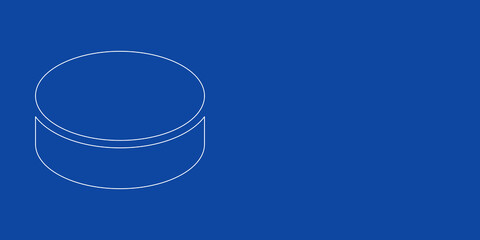A large white outline hockey puck on the left. Designed as thin white lines. Vector illustration on blue background