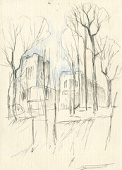 old house in the trees sketch - 477652699