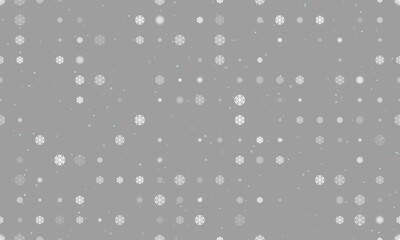 Seamless background pattern of evenly spaced white snowflake symbols of different sizes and opacity. Vector illustration on gray background with stars