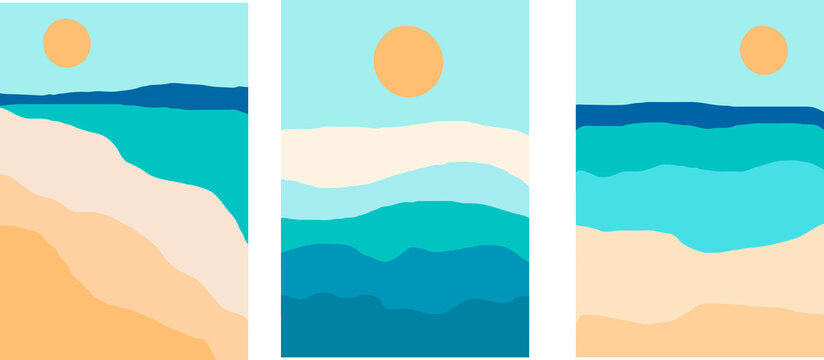 Collection of minimalistic simple abstractions in beach and sea (ocean) style with sun
