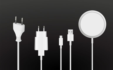 Set of Cable wire computer, phone and electricity plug collection. Wireless charger, electric plug, USB. Vector illustration
