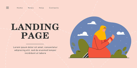 Woman with covered head praying at night. Flat vector illustration. Female character sitting on knees, turning to God, asking for help. Faith, religion, trouble concept for banner design, landing page