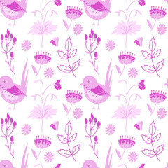 Valentine's Day vector seamless pattern with birds, flowers and butterflies in pink on white.Festive,doodle style hand drawn favorite.Designs in wrapping paper,textiles,scrapbook,packaging,wallpaper.