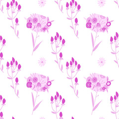 Valentine's Day vector pattern with flowers in pink color on white background. Festive, doodle style hand drawn favorite. Designs in wrapping paper, textiles, scrapbook paper,packaging, wallpaper.