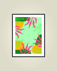 Wall art design. Canvas painting for the rooms. Tropical leaves background. Summer poster element for interior design of office, dinning, and bed room . 
