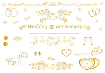 Template of golden elements for 50th wedding anniversary
Collection of abstract flowers, rings, hearts, pigeons, gradients. For the design of postcards, invitations, and writing texts. illustration

