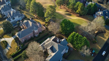 Panoramic aerial view of an upscale subdivision in Suburbs of Atlanta. - obrazy, fototapety, plakaty