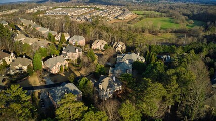 Panoramic aerial view of an upscale subdivision in Suburbs of Atlanta. - obrazy, fototapety, plakaty