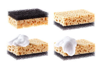 Set of images two-layer household sponge for washing dishes with foam and cleaner isolated on white...