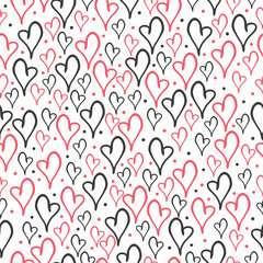 Hand drawn doodle red and black hearts seamless pattern on white background. Vector illustration