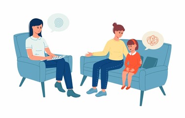 Mother and daughter in the office of a child psychologist. Family consultation.  Psychologist and professional support concept. Vector illustration