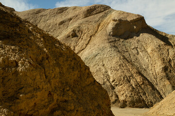 View of the rock formations and mountains in the arid desert in San Juan, Argentina. 