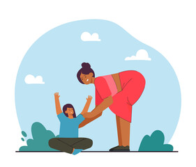 Indian woman bending down to hold her daughter. Mother caring of child flat vector illustration. Parenthood, family relationship, love concept for banner, website design or landing web page