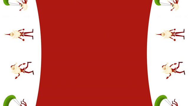 4k video of cartoon Santa Claus icons in white circles.