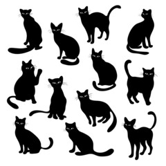 Vector set of isolated cat silhouettes with black cats, vector illustration