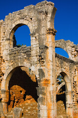 Kizkalesi,Turkey-October 11,2021:Detailed view ruins of antique city. Kanlidivane ancient city in Mersin Province, Turkey. Open air museum