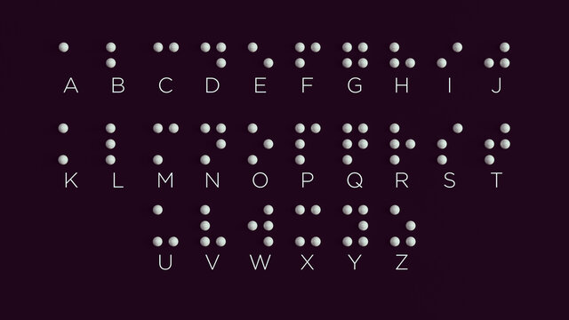 Braille Alphabet Guide A-Z Visually Impaired Writing System Symbol Formed out of White Spheres with Black Background International Braille Day 4 January Communicate 3d illustration	