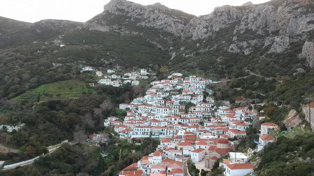 Panoramic view of the Historical Byzantine village Velanidia near cape Malea, Greece. In the Cave above the village is visible the Holy Monastery of Zoodochos Pighi. Laconia Peloponnese, Greece