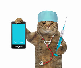 A beige cat doctor in a medical hat with a stethoscope holds a syringe and a smartphone. White background. Isolated.