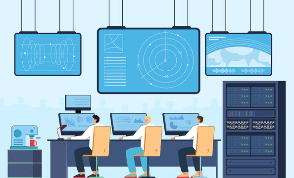 Surveillance and control of scientists over launch of spaceship. Space flight command from space center with working team of people at computer monitors flat vector illustration. Space station concept