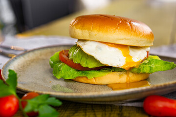 Egg and Avocado Bun Sandwich. English breakfast.