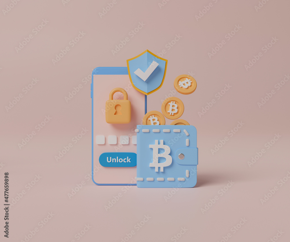 Poster 3d rendering concept security on cryptocurrency wallet illustration. padlock and shield icon on smar