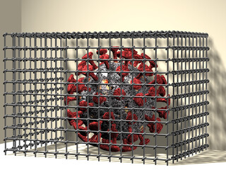 A model of the Covid-19 coronavirus, a prison grate or a prison cell. A symbol of the end of the coronavirus pandemic.