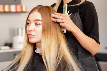 Fototapeta premium Gorgeous blonde long hair woman and her hairdresser looking and checking out hairstyle. Beautiful hairstyle of a young blonde woman after dying hair in a beauty salon, results of hair treatment