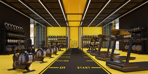 Gym fitness club with yellow.3d rendering