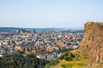 Fototapeta premium Scotland, Edinburgh old city view from the Arthur's sit, nature Holyrood park. View include castle of Edinburgh 