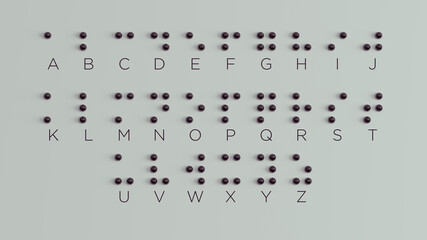 Braille Alphabet Guide A-Z Visually Impaired Writing System Symbol Formed out of Black Spheres with White Background International Braille Day 4 January Communicate 3d illustration - obrazy, fototapety, plakaty