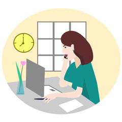 Cartoon woman with laptop work from home