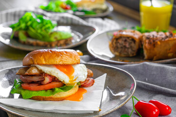 Multiple dishes. Cafe style breakfast.