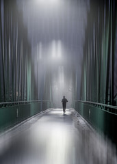 Fototapeta droga donikąd i samotny człowiek biegnący we mgle obraz