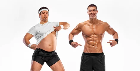 Fotobehang Awesome Before and After Weight Loss fitness Transformation. The man was fat but became athlet. Fat to fit concept. © Mike Orlov