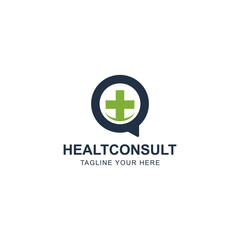 Health consulting logo template. Speech bubble and Cross icon vector design. Medical Consult logotype