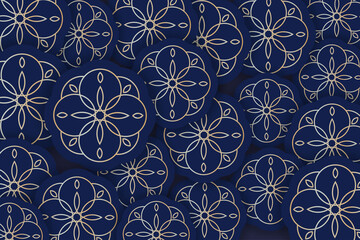 Circles of luminous ornaments in dark blue and gold colors for an illusory background. with blue and gold luxury background design shaped flower ornament