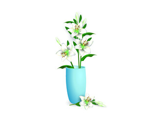White lily flowers bouquet in a blue ceramic vase, isolated on a white background. Vector sketch for interior design, greeting card, advertising of flower shops, other. 
