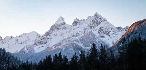 Panorama photo of Dissilusion Peak, a part of the Mount Rexford group in the North Cascades of Washington and British Columbia, taken in Chilliwack BC