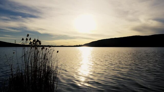 Aerial Drone - Sunset Panorama on Lake Corgeno